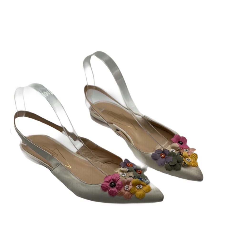 Pokemaoke Sz 10 PinkCream Floral Flats with Transparent Slingback